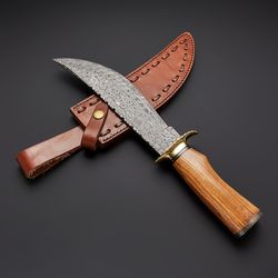 custom handmade raindrop damascus steel hunting bowie knife with leather sheath
