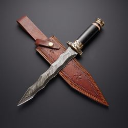 modern look custom handmade damascus steel dagger knife with leather sheath