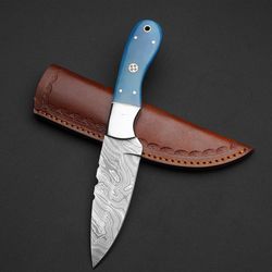 Custom Handmade Damascus Steel Hunting Knife with Leather Sheath