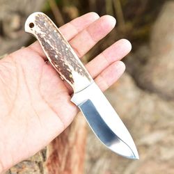 Custom Handmade D2 Steel Skinning Knife | Antler Horn Handle | 7 Inches | Leather Sheath |