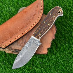 Custom Handmade Damascus Steel Skinning Knife with Stag Horn Handle and Leather Sheath