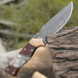 Custom Handmade Damascus Steel Hunting Knife with Epoxy Pearl Resin Handle, Leather Sheath and Rosewood & Brass Bolster
