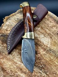 Custom Handmade Damascus Steel Skinning Knife with Rosewood and Brass Guard Handle