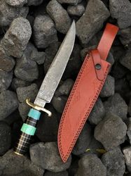 Custom Handmade Damascus Steel Blade Bowie Knife with Leather Sheath