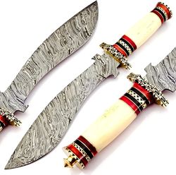 Custom Damascus Steel Hunting Knife Camel Bone Handle with Brass Spacer -Handmade Premium Quality Edge Fixed Blade