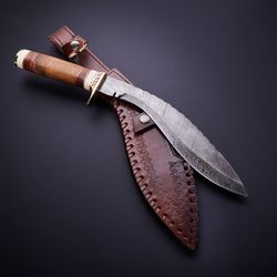 Custom Handmade Damascus Steel Hunting Kukri Knife with Leather Sheath