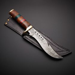 Damascus Bowie Hunting Knife with Leather Sheath, 13.25" Long, Hand Forged Damascus Steel, Natural Wood, Brass Pommel BF