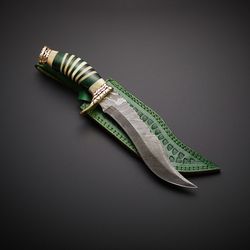 12.75" Long Hand Forged Damascus steel Hunting Bowie Knife, Camel Bone, Green Spacers, Brass, Cow Hide Leather sheath wi