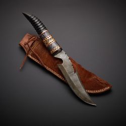 13" long hand forged damascus steel gut hook skinning knife, engraved bull horn scale crafted with engraved brass