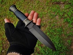 custom handmade d2 steel hunting knife, d2 steel bowie knife, micarta handle bowie knife with leather sheath