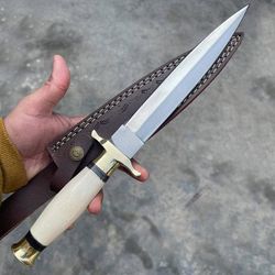custom handmade d2 steek hunting dagger knife bone handle with leather sheath