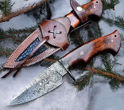 Custom Handmade Damascus Steel Hunting Camping Knife | Rosewood-Damascus Guard Handle | 9.5 Inches | Leather Sheath