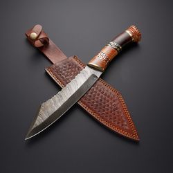 custom handmade damascus steel fixed blade hunting knife with leather sheath