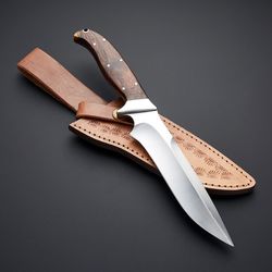 Custom Handmade Damascus Steel Fixed Blade Hunting Knife with Leather Sheath