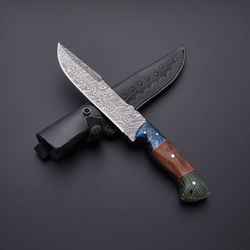 Custom Handmade Damascus Steel Fixed Clip Point Hunting Knife with Leather Sheath