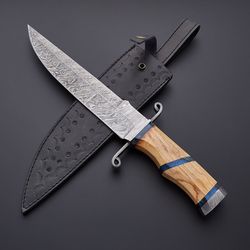 damascus steel 15.5 inches hunting bowie knife with leather sheath fixed blade hunting knife with olive wood handle