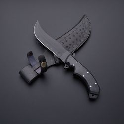black carbon steel 11.2" fixed clip point hunting knife with leather sheath fixed blade hunting knife,black micarta