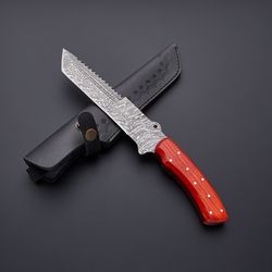 Custom Handmade Damascus Steel Fixed Sawtooth Tracker Knife with Leather Sheath