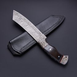Handmade Damascus Steel Micarta Handle Hunting Bowie Knife with Leather Sheath