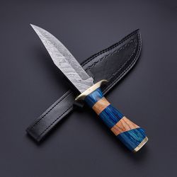 custom handmade damascus steel fixed blade hunting bowie knife with leather sheath