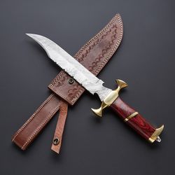handmade damascus steel hunting bowie knife with leather sheath