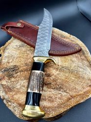 custom handmade bowie knife with stag & buffalo horn, hunting knife, damascus knife, camping knife, wedding gift