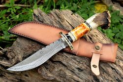 Custom Hand Forged Damascus Steel Hunting Bowie Knife With Stag Horn Handle With Leather Cover