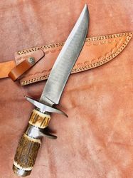 damascus bowie knife | custom handmade damascus lader pattern steel bowie hunting knife | stag handle bowie knife