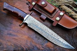 14" damascus steel knife, hand forged bowie knife,fixed blade knife hunting knife, exotic rose wood handle, personalized