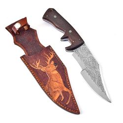 Custom made stuning knife D2 Deep hand engraved knife with custom made leather sheath