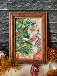 Oil painting cat and Christmas. Christmas Gift Wrapping. Customized Gift