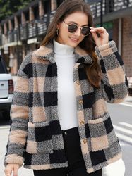Check Furry Teddy Bear Long Jacket - Women's Clothing - Teddy Bear Plush Fleece Button up Jacket