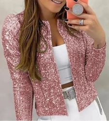 Sequined Solid Jacket - Casual Open Front Crew Neck Long Sleeve Outerwear - Women's Clothing