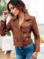 Solid Leather Biker Jacket -  Streetwear Long Sleeve Zipper Outerwear -  Women's Clothing