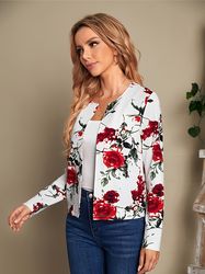 Floral Print Open Front Jacket - Casual Long Sleeve Jacket For Spring & Fall - Women's Clothing