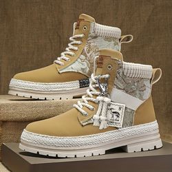 Men's Trendy Classic PU Leather Boots -  High Top Lace Up Comfy Durable Casual Hiking Shoes - faux leather boots women