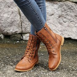 Women's Round Toe Side Zipper Hiking Boots - Lace Up Chunky Block Combat Boots - Women's t combat boots
