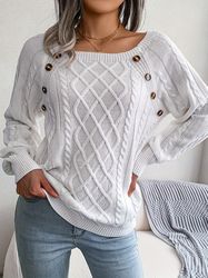 Crochet Sweater - Solid Cable Knit Sweater - Casual Crew Neck Long Sleeve Sweater -  Women's Clothing