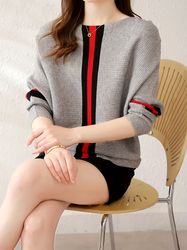 Color Block Boat Neck Knit Sweater - Elegant Long Sleeve Sweater - Women's Clothing