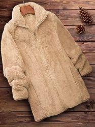 Zip Up Solid Teddy Coat - Casual Long Sleeve Winter Outerwear - Women's Clothing