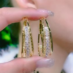 3-layer Shiny Rhinestone Decor Hoop Earrings Retro Elegant Style Zinc Alloy Jewelry Delicate Female Gift - Valentin's