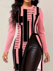 Geometric Print Split Hem Top - Casual Crew Neck Long Sleeve Top For Spring & Fall - Women's Clothing