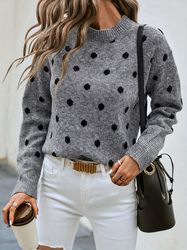 Polka Dot Crew Neck Pullover Sweater - Casual Long Sleeve Sweater For Fall & Winter - Women's Clothing