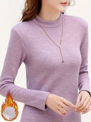Solid Color Mock Neck T-Shirt - Casual Long Sleeve T-Shirt For Spring & Fall - Women's Clothing