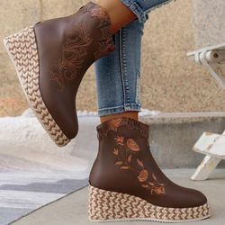 Women Fashion Leather boots - Ladies Round Toe Autumn Winter Warm Shoes Vintage - Diamond Chelsea Wedges Ankle Boots