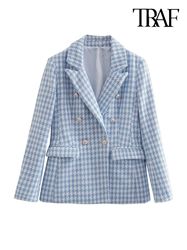 Women Fashion Hounds tooth - Double Breasted Tweed Blazer Coat