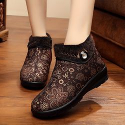 Women's Flower Pattern Short Boots - Casual Plush Lined Ankle Boots - Comfortable Side Zipper Winter Boots
