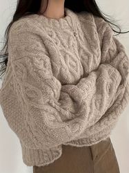 Cable Knit Drop Shoulder Sweater - Vintage Long Sleeve Sweater For Fall & Winter - Women's Clothing