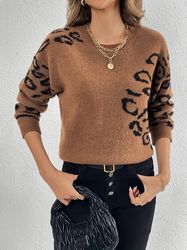 Leopard Print Knit Sweater - Casual Crew Neck Long Sleeve Sweater For Fall & Winter -  Women's Clothing