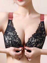 Contrast Lace Wireless Bra - Comfy & Breathable Front Buckle Push Up Bra - Women's Lingerie & Underwear